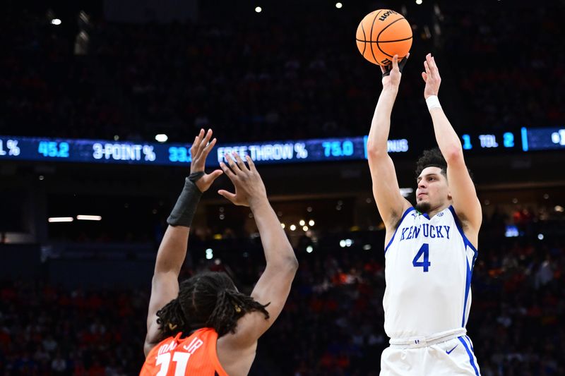 Mar 23, 2025; Milwaukee, WI, USA; Kentucky Wildcats guard Koby Brea (4) shoots against Illinois Fighting Illini forward Morez Johnson Jr. (21) during the second half in the second round of the NCAA Tournament at Fiserv Forum. Mandatory Credit: Benny Sieu-Imagn Images