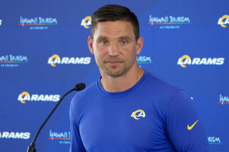 Jun 3, 2025; Woodland Hills, CA, USA; Los Angeles Rams defensive coordinator Chris Shula at press conference during organized team activities at Rams Practice Facility. Mandatory Credit: Kirby Lee-Imagn Images