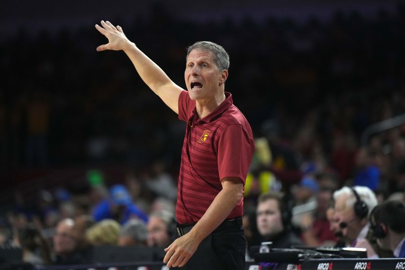 Jan 27, 2025; Los Angeles, California, USA; Southern California Trojans head coach Eric Musselman reacts against the UCLA Bruins at Galen Center. Mandatory Credit: Kirby Lee-Imagn Images