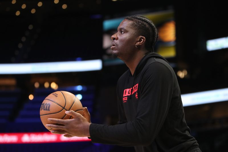 Mar 8, 2025; Atlanta, Georgia, USA; Atlanta Hawks center Clint Capela (15) warms up on the court before the game against the Indiana Pacers at State Farm Arena. Mandatory Credit: Mady Mertens-Imagn Images