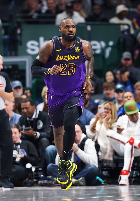 Jan 7, 2025; Dallas, Texas, USA; Los Angeles Lakers forward LeBron James (23) runs down the court during the first quarter against the Dallas Mavericks at American Airlines Center. Mandatory Credit: Kevin Jairaj-Imagn Images