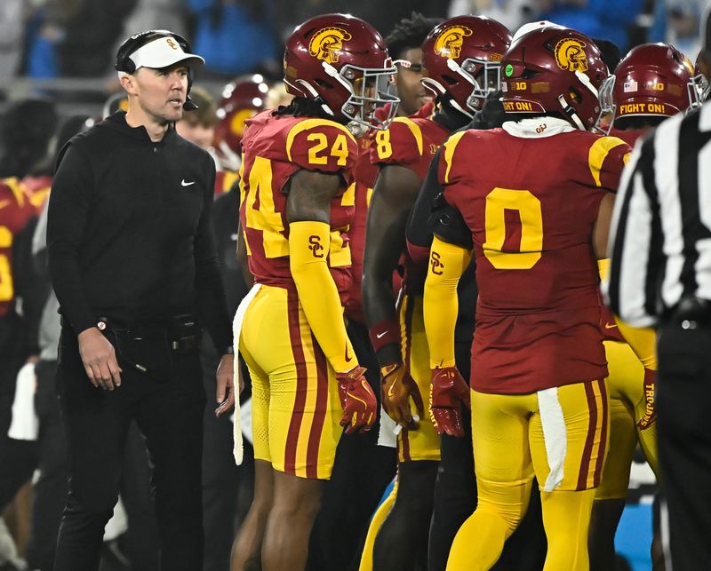 Nov 23, 2024; Pasadena, California, USA; USC Trojans head coach Lincoln Riley during the fourth quarter against the UCLA Bruins at Rose Bowl. Mandatory Credit: Robert Hanashiro-Imagn Images