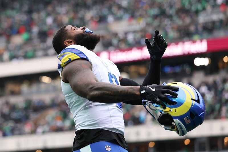 Jan 19, 2025; Philadelphia, Pennsylvania, USA; Los Angeles Rams linebacker Jared Verse (8) before action against the Philadelphia Eagles in a 2025 NFC divisional round game at Lincoln Financial Field. Mandatory Credit: Bill Streicher-Imagn Images