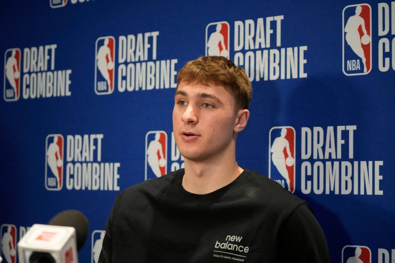 May 14, 2025; Chicago, Il, USA; Cooper Flagg talks to the media during the 2025 NBA Draft Combine at Marriott Marquis Chicago. Mandatory Credit: David Banks-Imagn Images
