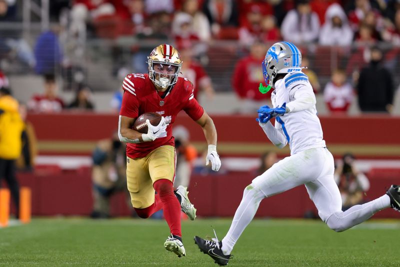 Dec 30, 2024; Santa Clara, California, USA; San Francisco 49ers running back Isaac Guerendo (31) during the game against the Detroit Lions at Levi's Stadium. Mandatory Credit: Sergio Estrada-Imagn Images