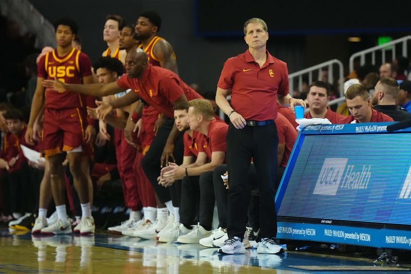 Mar 8, 2025; Los Angeles, California, USA; Southern California Trojans head coach Eric Musselman reacts in the second half against the UCLA Bruins at Pauley Pavilion presented by Wescom. Mandatory Credit: Kirby Lee-Imagn Images