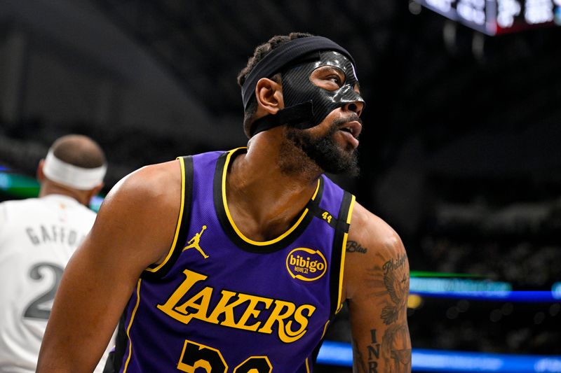 Apr 9, 2025; Dallas, Texas, USA; Los Angeles Lakers guard Jordan Goodwin (30) in action during the game between the Dallas Mavericks and the Los Angeles Lakers at American Airlines Center. Mandatory Credit: Jerome Miron-Imagn Images