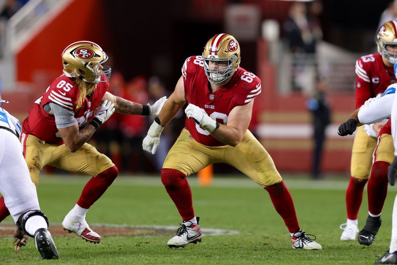 Dec 30, 2024; Santa Clara, California, USA; San Francisco 49ers offensive tackle Colton McKivitz (68) during the game against the Detroit Lions at Levi's Stadium. Mandatory Credit: Sergio Estrada-Imagn Images