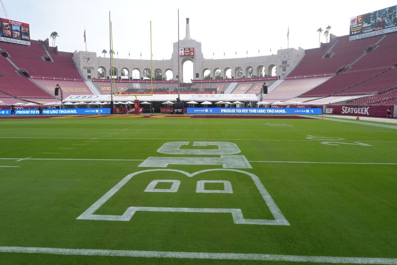 Sep 28, 2024; Los Angeles, California, USA; The Big Ten conference logo is seen before a game between the Wisconsin Badgers and the USC Trojans at United Airlines Field at Los Angeles Memorial Coliseum. Mandatory Credit: Kirby Lee-Imagn Images