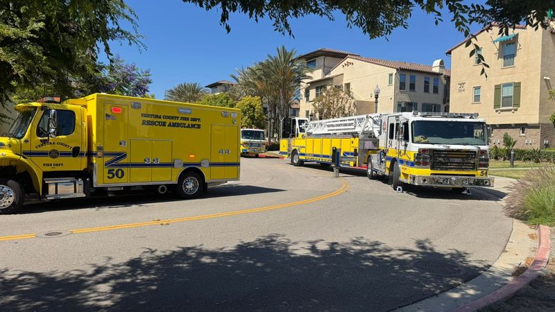 Ventura County Fire engines parked outside an apartment fire in the 300 block of Spring Oak Road in Camarillo that damaged several units on July 1.