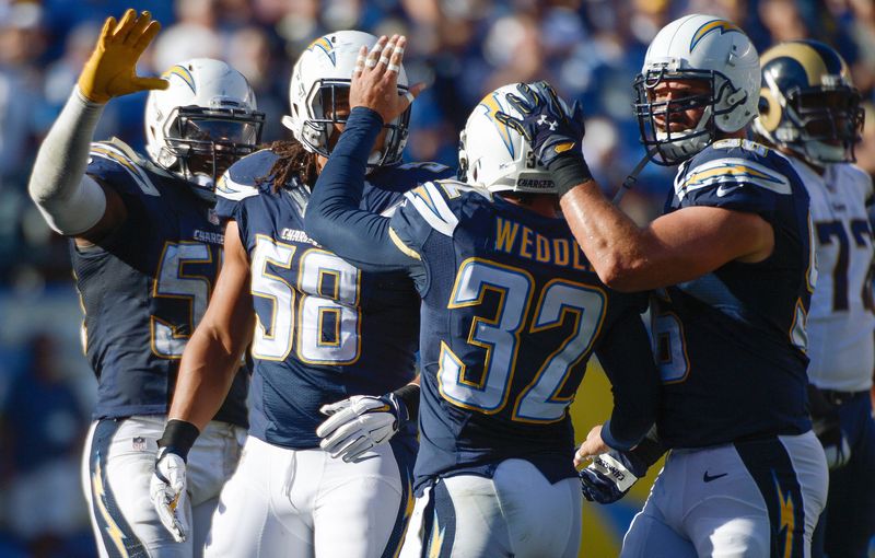 Nov 23, 2014; San Diego, CA, USA; San Diego Chargers free safety Eric Weddle (32) celebrates with teammates after recovering a blocked field goal attempt against the St. Louis Rams at Qualcomm Stadium. Mandatory Credit: Robert Hanashiro-USA TODAY Sports