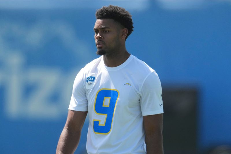 May 20, 2025; El Segundo, CA, USA; Los Angeles Chargers receiver Tre Harris (9) looks on during offseason workouts at The Bolt. Mandatory Credit: Kirby Lee-Imagn Images