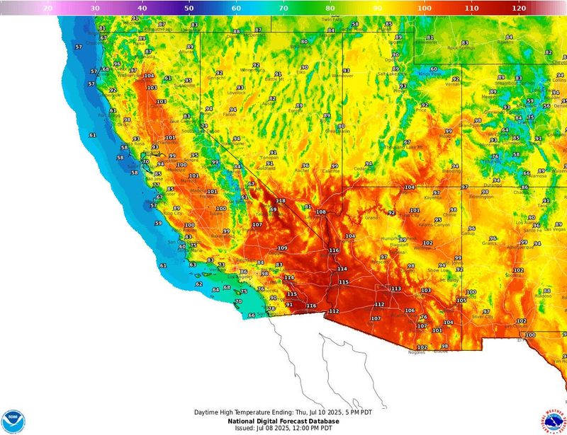 A National Weather Service map of forecasted temperatures for July 10, 2025 as California is expected to be hit by a heat wave.