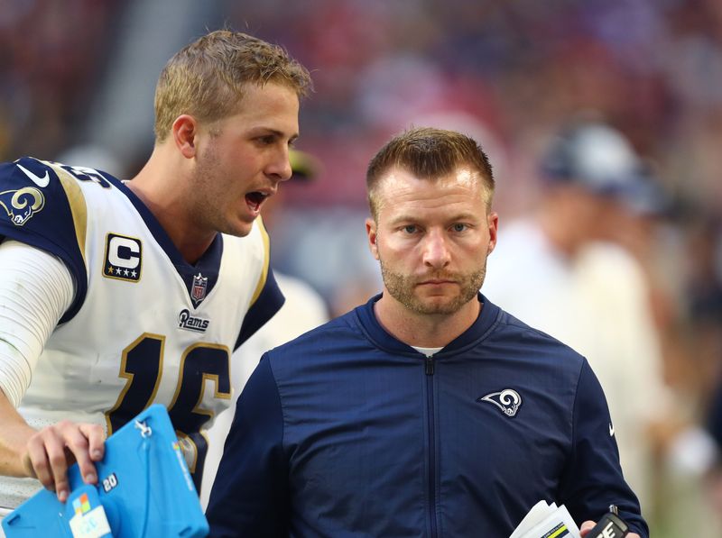 Dec 23, 2018; Glendale, AZ, USA; Los Angeles Rams head coach Sean McVay and quarterback Jared Goff (16) against the Arizona Cardinals at State Farm Stadium. Mandatory Credit: Mark J. Rebilas-USA TODAY Sports
