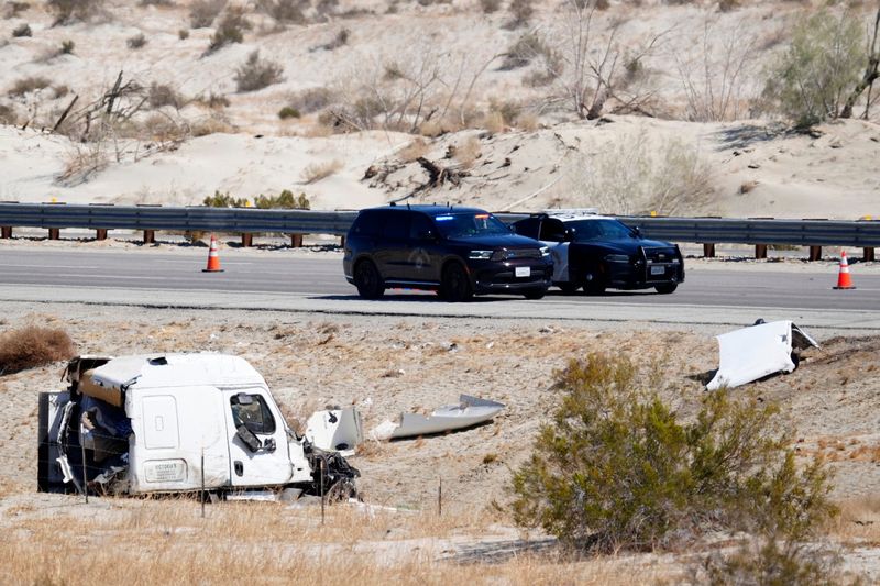 Scene of a multi-vehicle and semi-truck accident on Interstate 10 in Cathedral City, Calif., on Thurs., July 10, 2025.