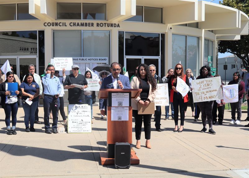 Tenant advocates hold a press conference in front of Salinas Council Chambers on May 9, 2025, to voice concerns over the repeal of four renter-related ordinances in Salinas, Calif.
