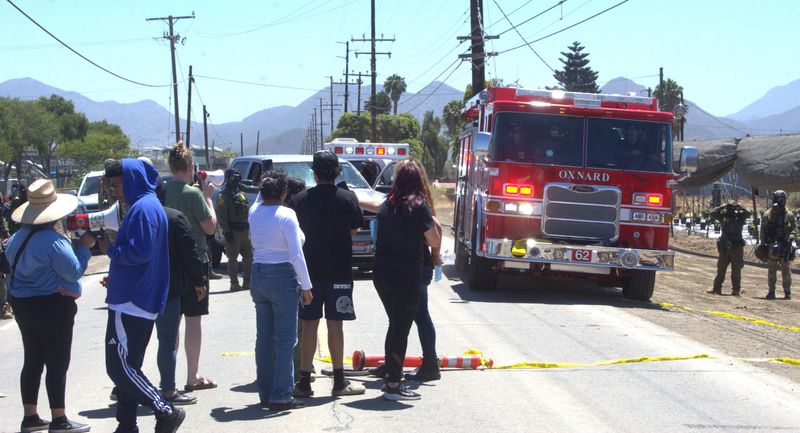 The Oxnard Fire Department provides service at the protest triggered by an immigration raid near Camarillo on July 10, 2025.