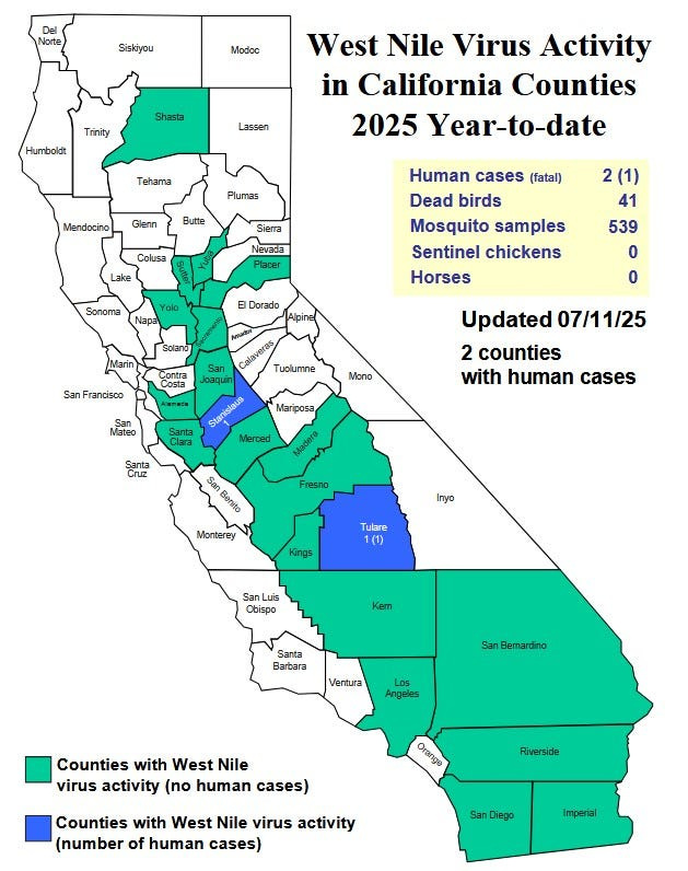 Shasta County is the only California county north of Yuba to report finding West Nile in its borders in 2025, according to California Department of Public Health data updated Friday (July 11).
