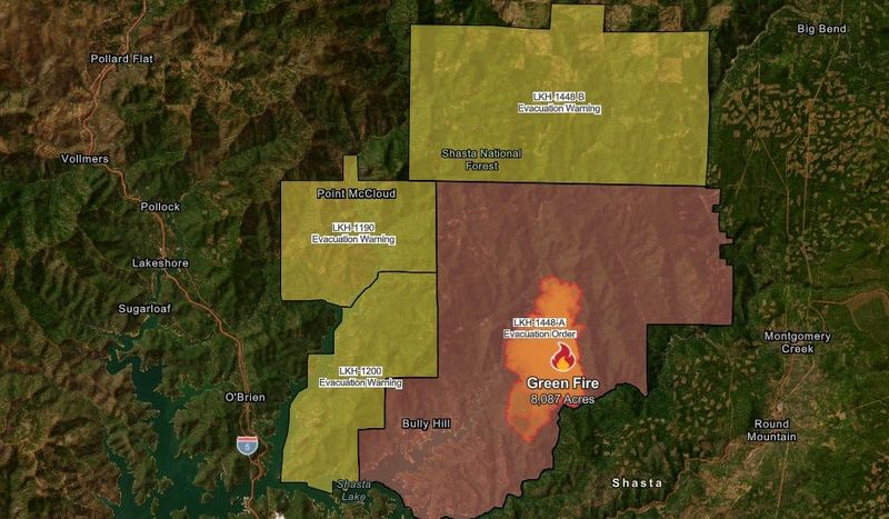 Zones around the Green Fire in the Shasta Trinity National Forest: Red marks areas under evacuation orders, while yellow zones are under evacuation warnings, according to the Shasta County Sheriff's office, which issued the warnings and order Friday night, June 11, 2025.