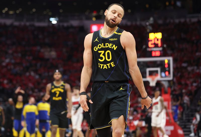 May 4, 2025; Houston, Texas, USA; Golden State Warriors guard Stephen Curry (30) reacts during game seven of the first round for the 2025 NBA Playoffs against the Houston Rockets at Toyota Center. Mandatory Credit: Troy Taormina-Imagn Images