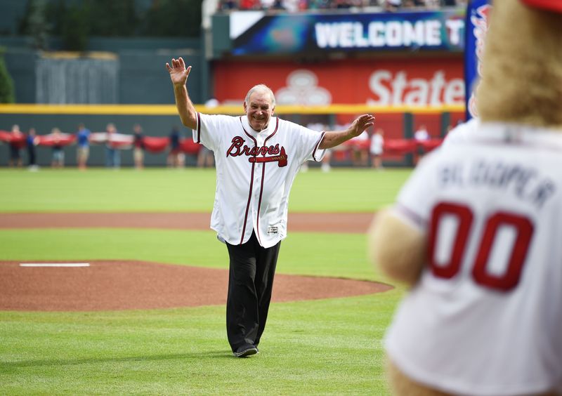 Bobby Cox throwing out a ceremonial first pitch in the 2018 playoffs.