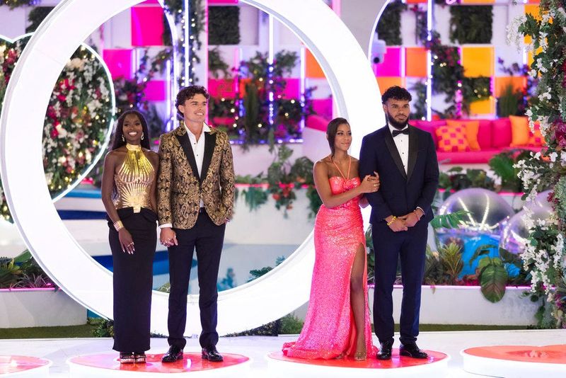 LOVE ISLAND USA -- Episode 736 -- Pictured: (l-r) Olandria Carthen, Nicolas “Nic” Vansteenberghe, Amaya Espinal, Bryan Arenales -- (Photo by: Ben Symons/Peacock)