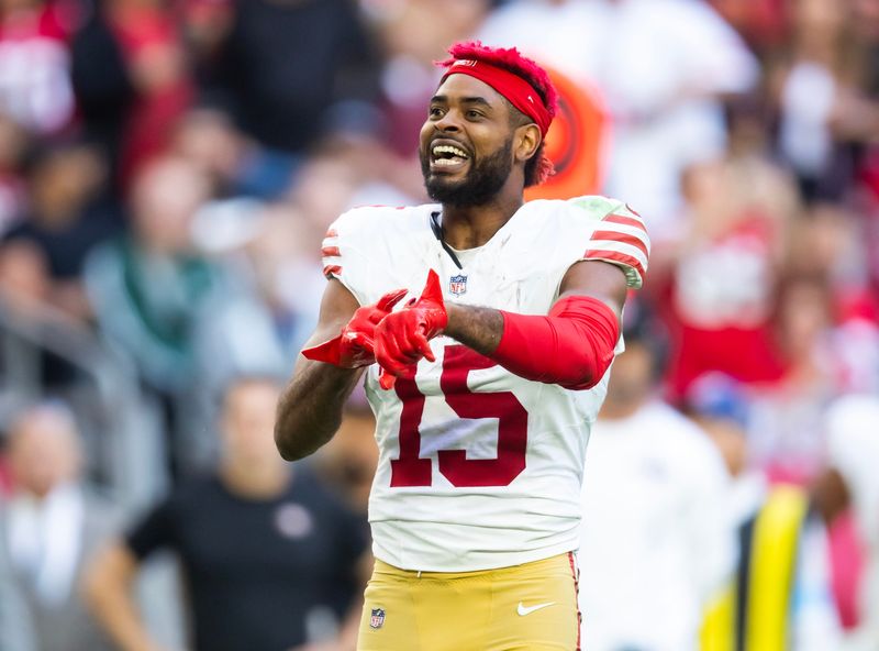 Jan 5, 2025; Glendale, Arizona, USA; San Francisco 49ers wide receiver Jauan Jennings (15) reacts after a fight against the Arizona Cardinals in the first half at State Farm Stadium. Mandatory Credit: Mark J. Rebilas-Imagn Images