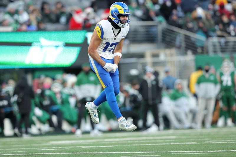 Dec 22, 2024; East Rutherford, New Jersey, USA; Los Angeles Rams wide receiver Puka Nacua (17) reacts after a catch during the fourth quarter against the New York Jets at MetLife Stadium. Mandatory Credit: Brad Penner-Imagn Images