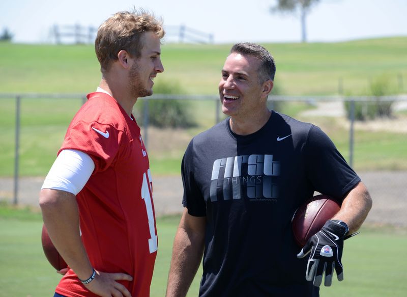 Jun 16, 2016; Oxnard, CA, USA; St. Louis Rams former quarterback Kurt Warner (right) and Los Angeles Rams quarterback Jared Goff (16) at organized team activities at the River Ridge Fields. Mandatory Credit: Kirby Lee-USA TODAY Sports
