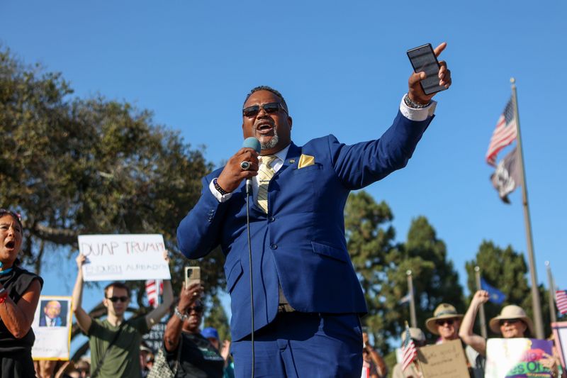 Lemond Hayes, bishop of the New Progressive Christian Baptist Church of Oxnard, delivers remarks at the "Good Trouble Lives On" protest at the Ventura County Government Center in Ventura in July 2025.  The protests will return to Ventura County on July 18.