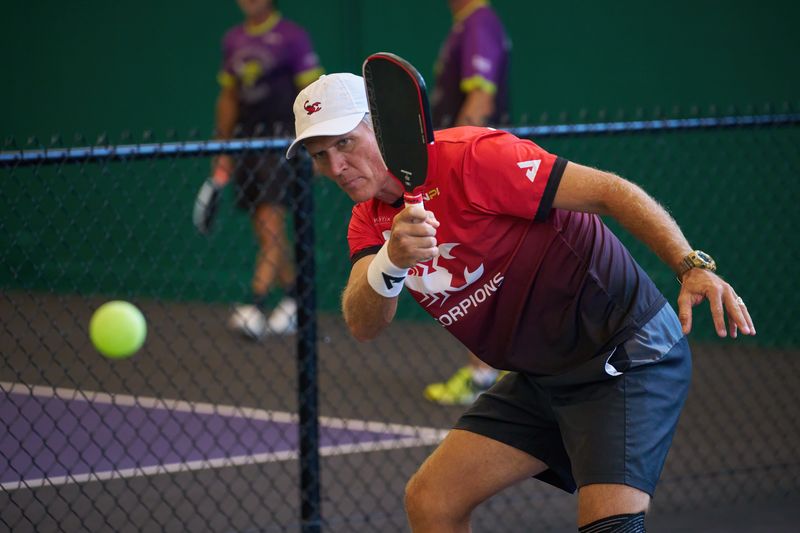 Marcin Rozpedski of the Coachella Valley Scorpions hits a return during a pro pickleball match Sunday in Kansas City.