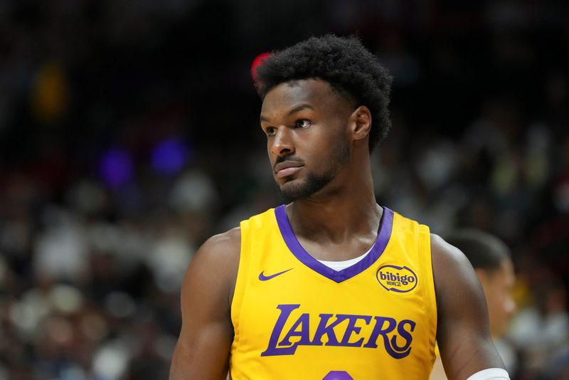 Jul 10, 2025; Las Vegas, NV, USA; Los Angeles Lakers guard Bronny James (9) looks on in the fourth quarter against the Dallas Mavericks at Thomas & Mack Center. Mandatory Credit: Candice Ward-Imagn Images