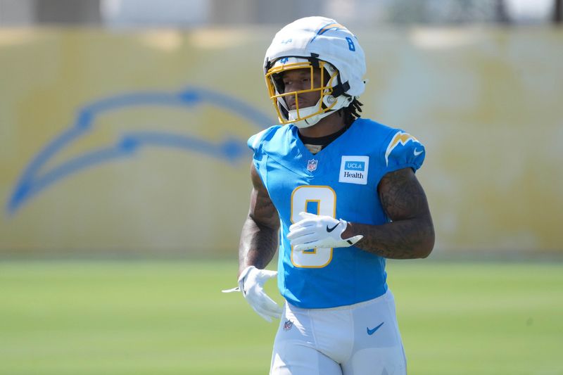 Jul 17, 2025; El Segundo, CA, USA; Los Angeles Chargers running back Omarion Hampton (8) during training camp at The Bolt. Mandatory Credit: Kirby Lee-Imagn Images