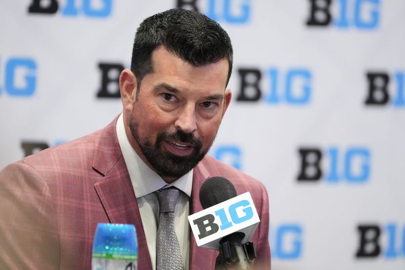 Jul 22, 2025; Las Vegas, NV, USA; Ohio State head coach Ryan Day speaks to the media during the Big Ten NCAA college football media days at Mandalay Bay Resort. Mandatory Credit: Lucas Peltier-Imagn Images