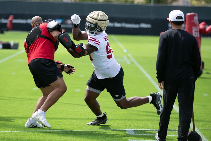 Jul 23, 2025; Santa Clara, CA, USA; San Francisco 49ers defensive end Mykel Williams (98) works on a blocking drill during the first day of training camp at SAP Performance Facility. Mandatory Credit: D. Ross Cameron-Imagn Images
