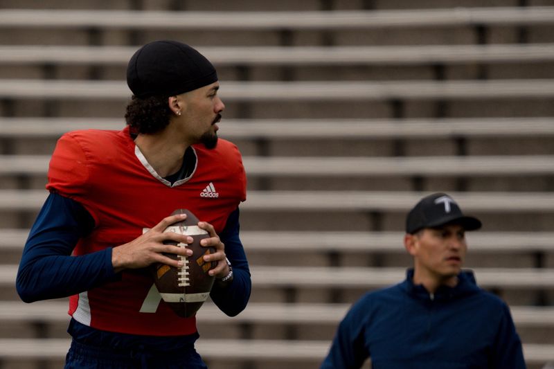 UTEP sophomore quarterback Malachi Nelson looks to pass the ball during spring practice at the Sun Bowl in El Paso, Texas, on Friday, April 4, 2025.