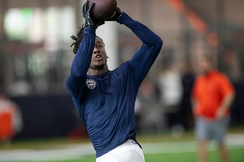 Auburn Tigers wide receiver KeAndre Lambert-Smith (5) runs drills during Auburn Tigers football pro day at the Woltosz Football Performance Center in Auburn, Ala., on Monday, March 24, 2025.