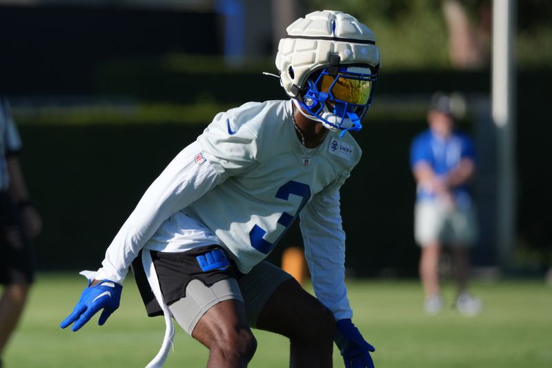 Jul 23, 2025; Los Angeles, CA, USA; Los Angeles Rams safety Kam Curl (3) during training camp at Loyola Marymount University. Mandatory Credit: Kirby Lee-Imagn Images