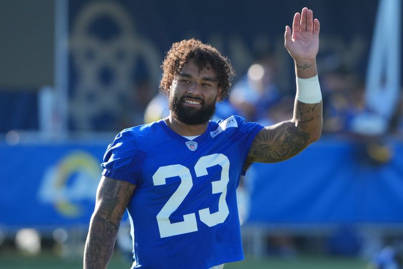 Jul 23, 2025; Los Angeles, CA, USA; Los Angeles Rams running back Kyren Williams (23) during training camp at Loyola Marymount University. Mandatory Credit: Kirby Lee-Imagn Images