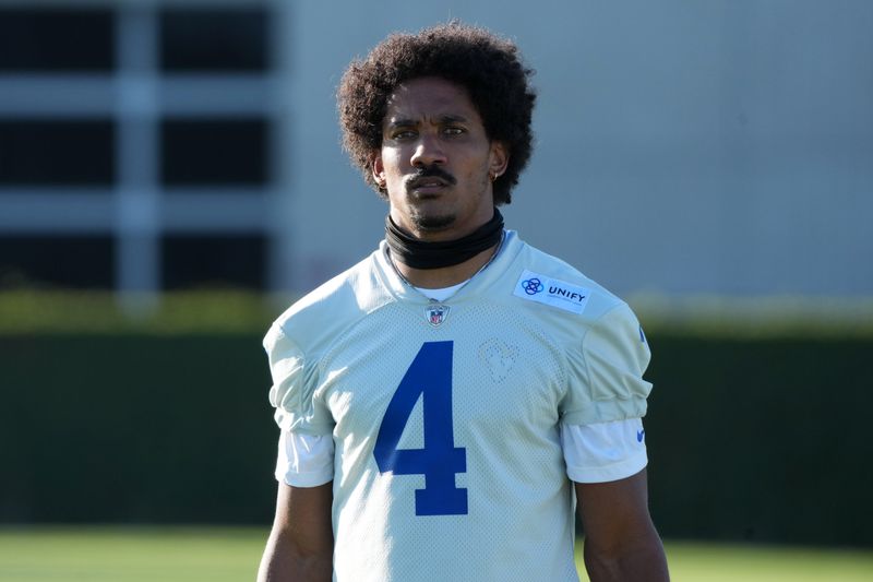 Jul 23, 2025; Los Angeles, CA, USA; Los Angeles Rams cornerback Ahkello Witherspoon (4) during training camp at Loyola Marymount University. Mandatory Credit: Kirby Lee-Imagn Images