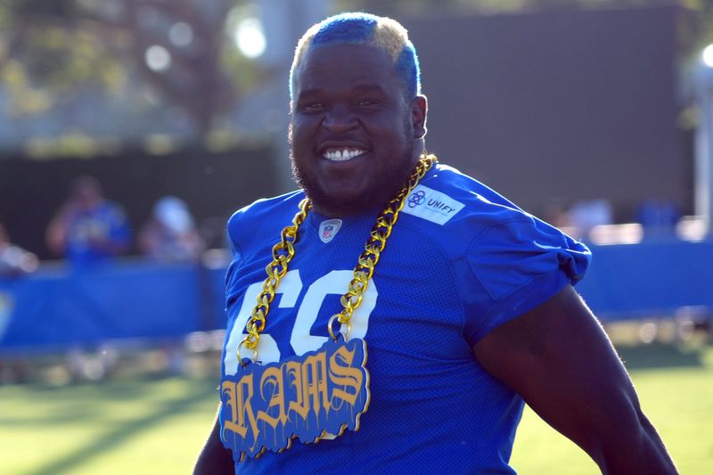 Jul 23, 2025; Los Angeles, CA, USA; Los Angeles Rams lineman Kevin Dotson (69) during training camp at Loyola Marymount University. Mandatory Credit: Kirby Lee-Imagn Images