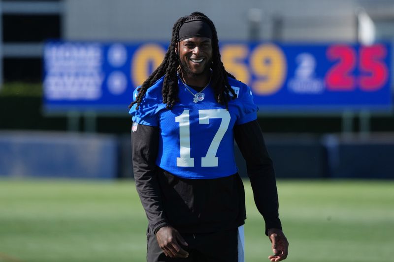 Jul 23, 2025; Los Angeles, CA, USA; Los Angeles Rams receiver Davante Adams (17) during training camp at Loyola Marymount University. Mandatory Credit: Kirby Lee-Imagn Images