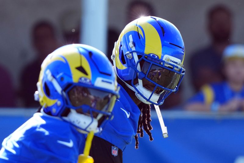 Jul 23, 2025; Los Angeles, CA, USA; Los Angeles Rams receiver Davante Adams (17) during training camp at Loyola Marymount University. Mandatory Credit: Kirby Lee-Imagn Images