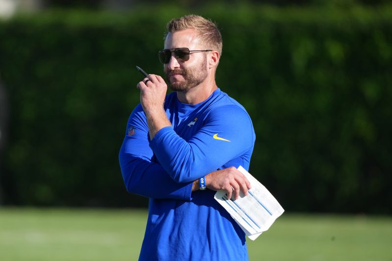 Jul 23, 2025; Los Angeles, CA, USA; Los Angeles Rams coach Sean McVay during training camp at Loyola Marymount University. Mandatory Credit: Kirby Lee-Imagn Images