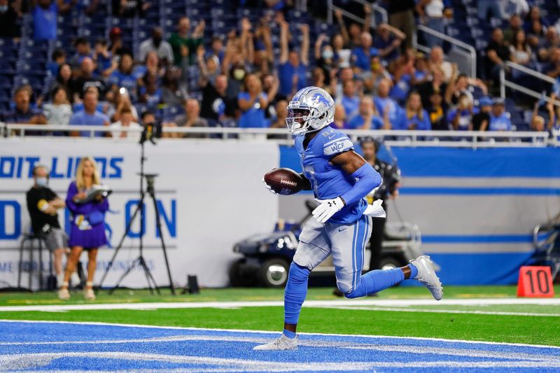 Detroit Lions wide receiver Quintez Cephus (87) scores a touchdown against Indianapolis Colts during the first half of a preseason game at Ford Field in Detroit, Friday, August 27, 2021.