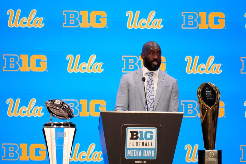 Jul 24, 2025; Las Vegas, NV, USA; UCLA head coach DeShaun Foster speaks to the media during the Big Ten NCAA college football media days at Mandalay Bay Resort. Mandatory Credit: Lucas Peltier-Imagn Images
