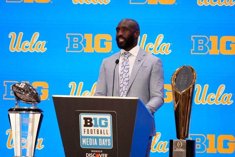 Jul 24, 2025; Las Vegas, NV, USA; UCLA head coach DeShaun Foster speaks to the media during the Big Ten NCAA college football media days at Mandalay Bay Resort. Mandatory Credit: Lucas Peltier-Imagn Images