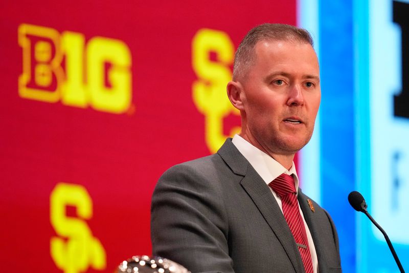 Jul 24, 2025; Las Vegas, NV, USA; USC head coach Lincoln Riley speaks to the media during the Big Ten NCAA college football media days at Mandalay Bay Resort. Mandatory Credit: Lucas Peltier-Imagn Images