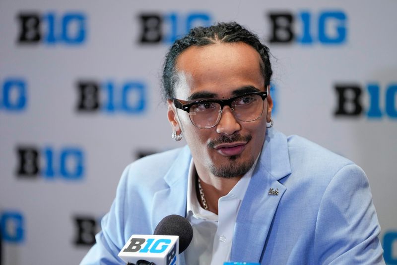 Jul 24, 2025; Las Vegas, NV, USA; UCLA quarterback Nico Iamaleava speaks to the media during the Big Ten NCAA college football media days at Mandalay Bay Resort. Mandatory Credit: Lucas Peltier-Imagn Images