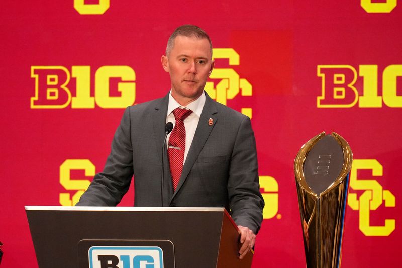 Jul 24, 2025; Las Vegas, NV, USA; USC head coach Lincoln Riley speaks to the media during the Big Ten NCAA college football media days at Mandalay Bay Resort. Mandatory Credit: Lucas Peltier-Imagn Images